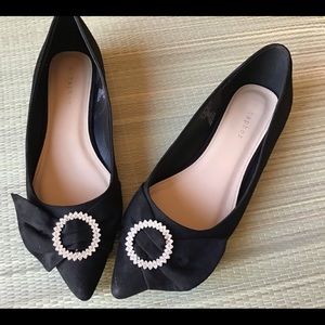 Black pointed jewel buckle ribbon party shoes